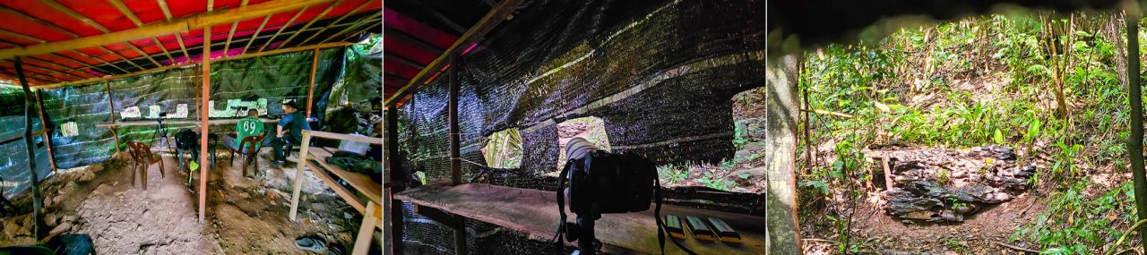 Left: inside the bird hide. Middle: setting up the camera. Right: the bird area