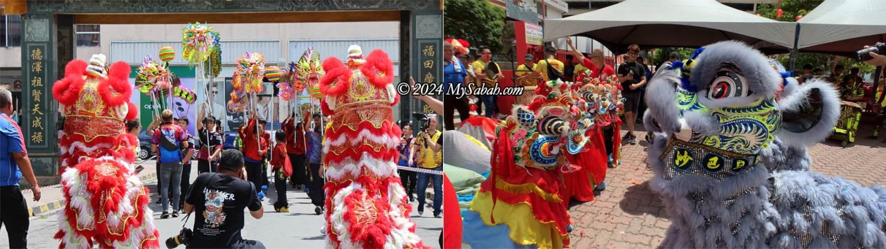 Left: lions welcomed the arrival of the dragon dance team. Right: lions bowed to the Chinese Unicorn