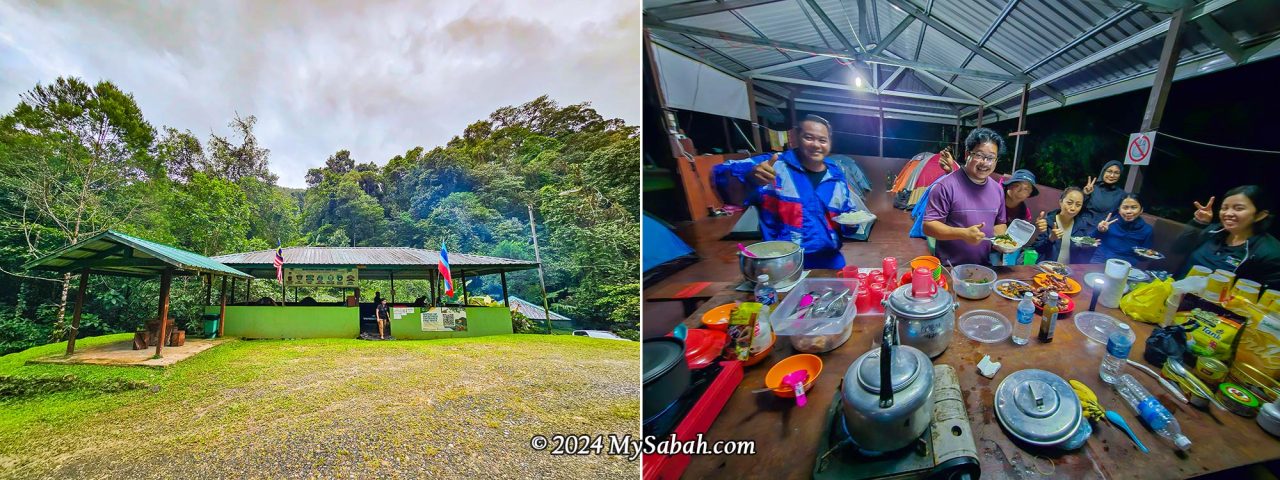 Left: The building where we set up our camping tents. Right: A big table and benches inside this building.