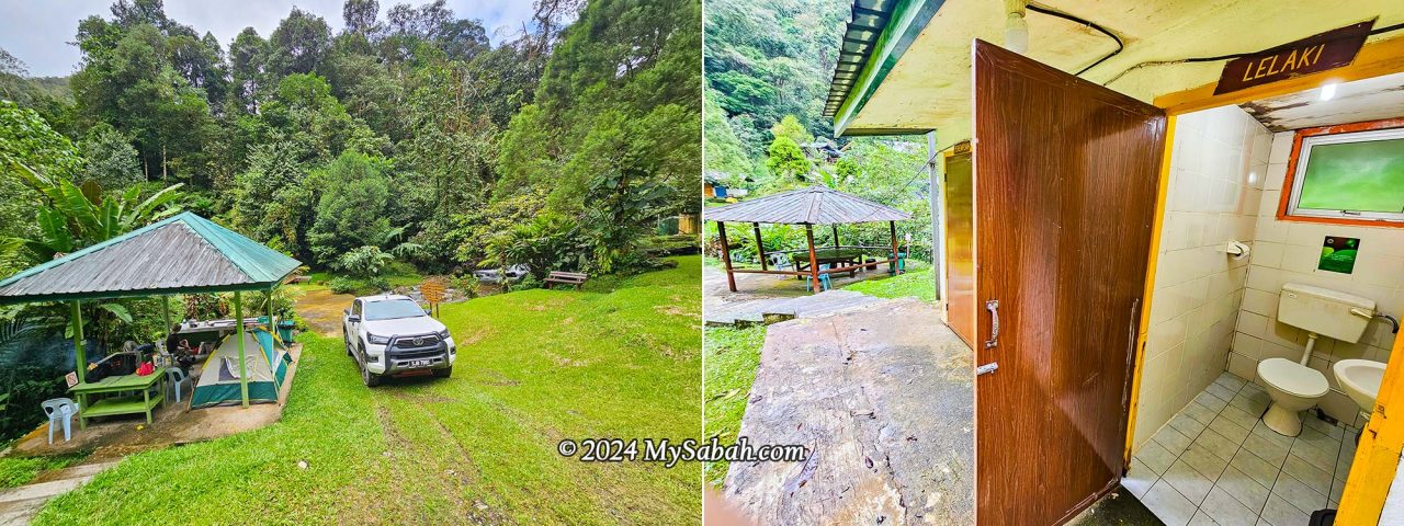 Left: you can camp in the gazebo at Sayap Substation. Right: public shower rooms and toilet in the substation