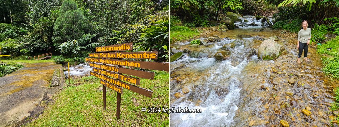 Left: signage in Malaysian Language (Translation: Sg. = River, Air Terjun = Waterfall, Tapak Perkhemahan = Camping Ground, Gua = Cave, Gn. = Mountain) Right: the small stream in Sayap Substation.