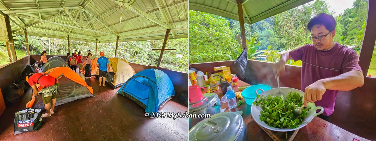 Left: the hall that can fit about 10 camping tents. Right: preparing for dinner