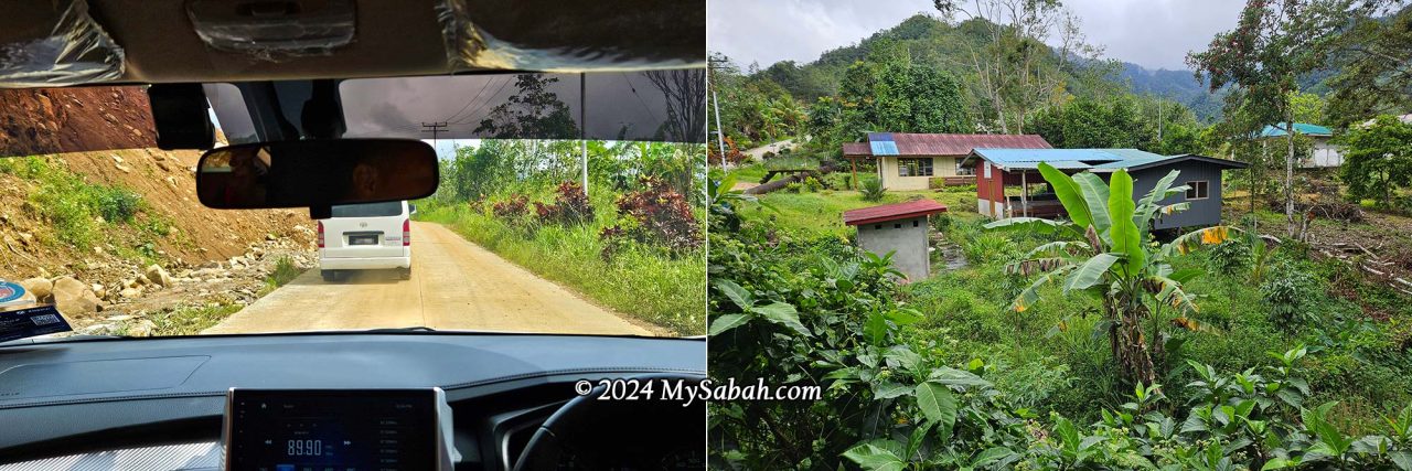 Left: Paved cement road. Right: Village houses—a typical countryside view of Sabah.