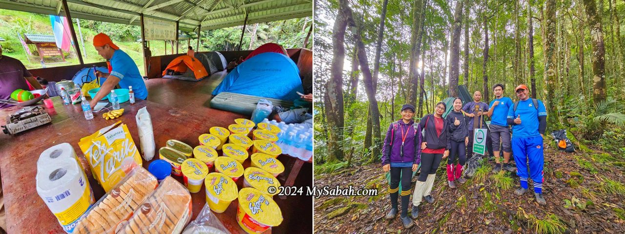 Left: camping tents at Sayap Substation. Right: group photo in the middle of summit trail