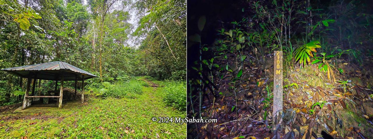 Left: gazebo (Pondok Takang) after the first Km of summit trail. Right: the last distance marker of the summit trail to Mount Minodtuhan