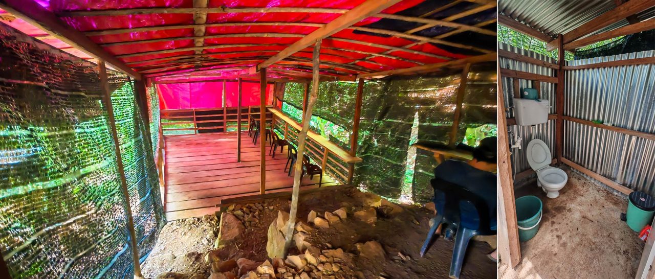 Left: inside the bird hide. Right: inside the toilet.